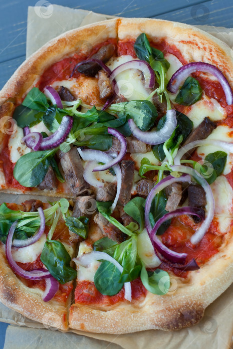 Скачать Пицца в деревенском стиле с салями, моцареллой, оливками и базиликом вид сверху с места для копирования фотосток Ozero