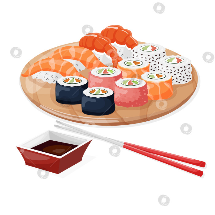 Скачать Суши, векторная иллюстрация меню японской кухни. Красочный набор из разных видов суши на бамбуковом подносе. фотосток Ozero