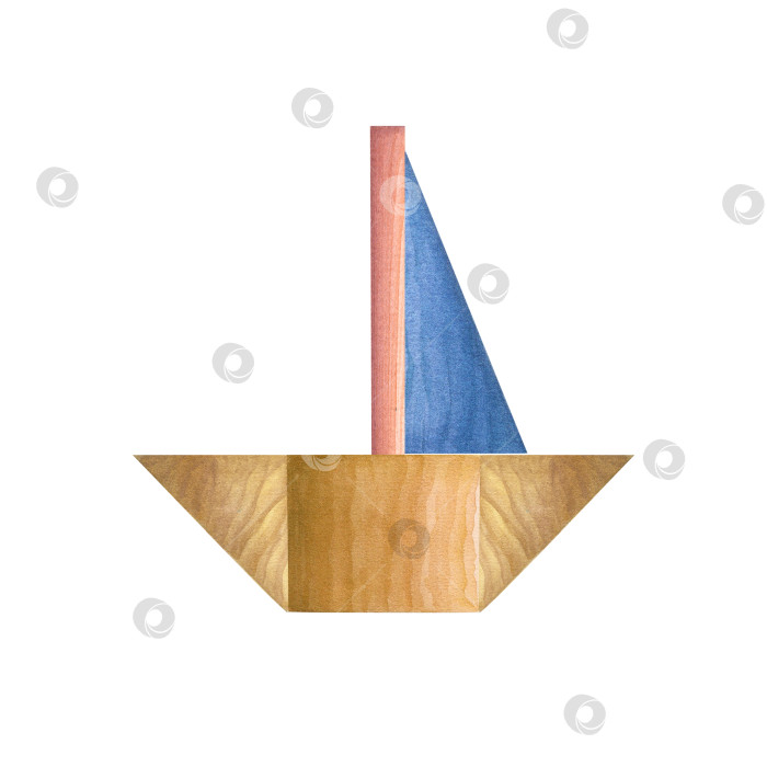 Скачать Акварельная иллюстрация детского деревянного корабля, изолированного на белом фоне. Детские игрушки из экологически чистых материалов. Принт, плакат, фон, декор детской комнаты, обои, упаковка. фотосток Ozero