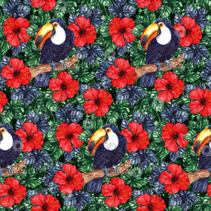 Скачать Акварельный экзотический тропический цветок гибискус животное птица тукан бесшовный узор текстурный фон фотосток Ozero