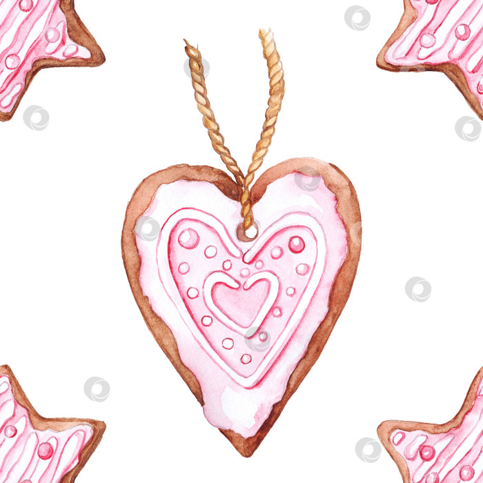 Скачать Акварельная звезда в форме сердца с имбирным печеньем Рождественский бесшовный фон с рисунком фотосток Ozero