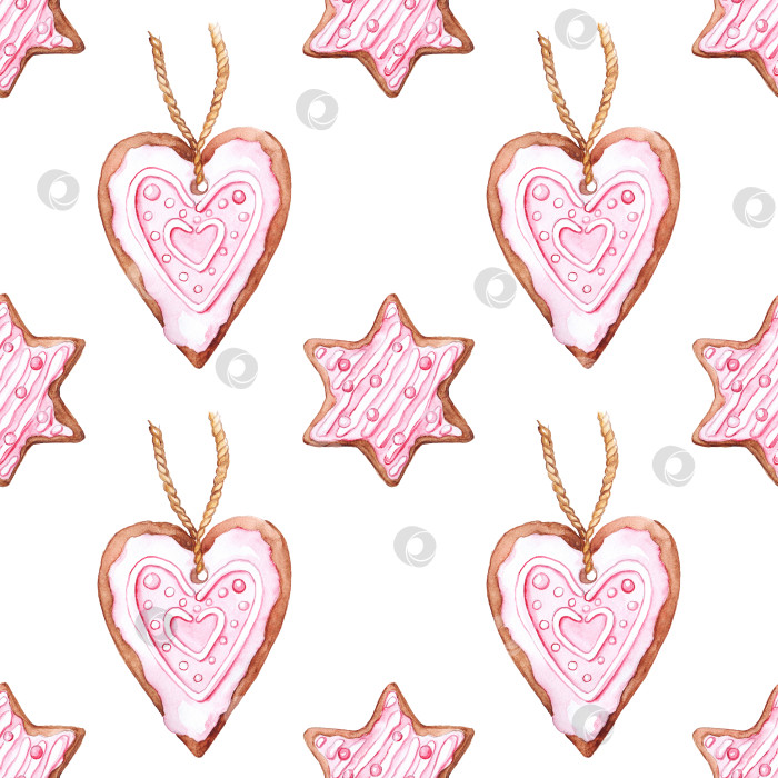 Скачать Акварельная звезда в форме сердца с имбирным печеньем Рождественский бесшовный фон с рисунком фотосток Ozero