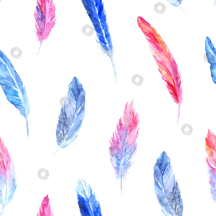 Скачать Акварель красочный розовый синий птичье перо бесшовный узор текстурный фон фотосток Ozero
