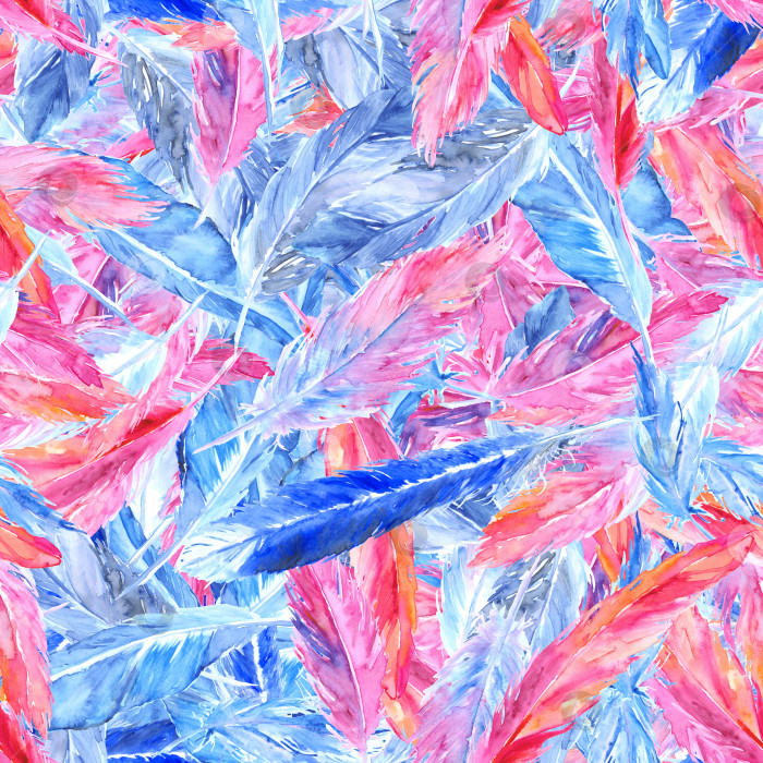 Скачать Акварель красочный розовый синий птичье перо бесшовный узор текстурный фон фотосток Ozero