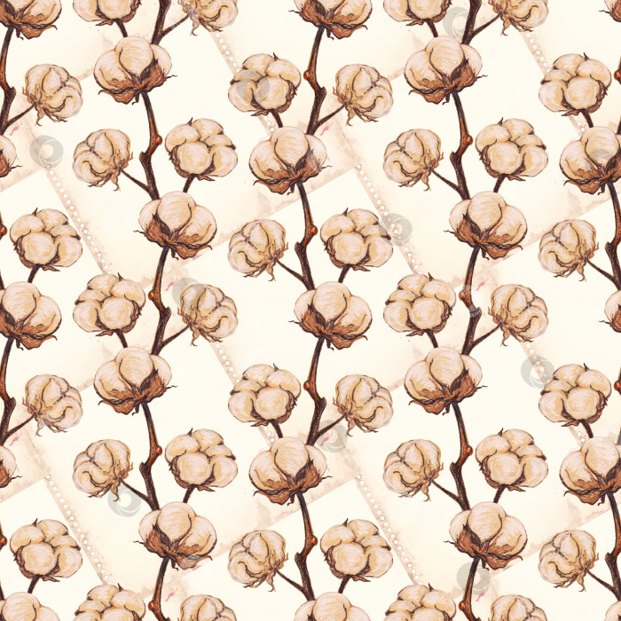 Скачать Винтажный хлопчатобумажный цветок растение сепия эскиз бесшовный узор текстурный фон фотосток Ozero
