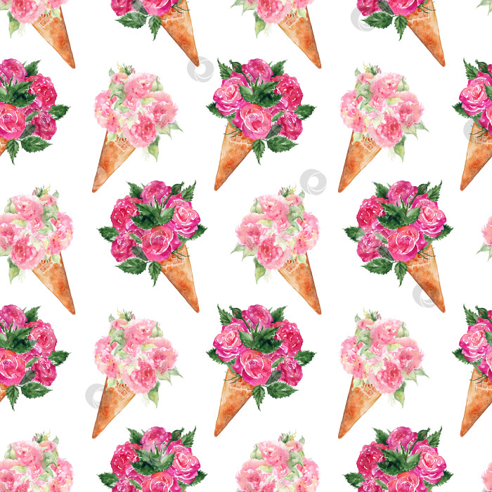 Скачать Акварельный букет цветов пион роза гвоздика мороженое вафля сладкий десерт бесшовный узор текстурный фон фотосток Ozero