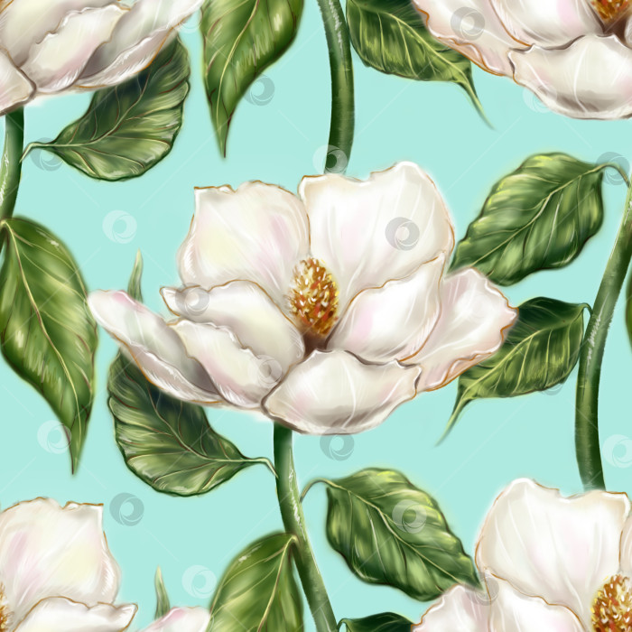 Скачать Красивый жемчужно-белый цветок магнолии цвета слоновой кости, лист, ветка растения, компьютерная графика, цифровая акварель, бесшовный фон с рисунком фотосток Ozero