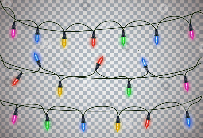 Скачать Рождественские гирлянды выделяли реалистичные элементы дизайна. Светящиеся гирлянды для рождественских открыток, баннеров, плакатов, веб-дизайна. Украшения из гирлянд. Светодиодная неоновая лампа фотосток Ozero