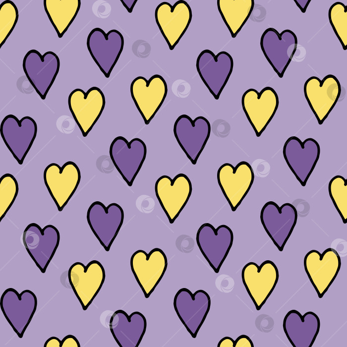 Скачать Бесшовный узор с желтыми и фиолетовыми сердечками на светло-фиолетовом фоне. Векторное изображение. фотосток Ozero