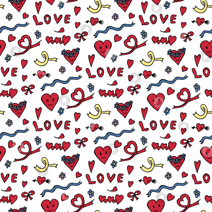 Скачать Бесшовный узор со словом love и красными сердечками на белом фоне. Векторное изображение. фотосток Ozero
