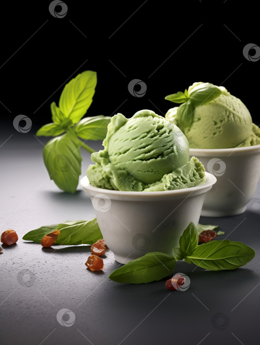 Скачать Летние десерты. Веганская еда. Мороженое с базиликом в вазочке на темно-сером каменном столе. Шарики домашнего зеленого мороженого с базиликом и мятой в белых вазочках на темно-сером фоне, крупным планом. Порождающий искусственный интеллект фотосток Ozero