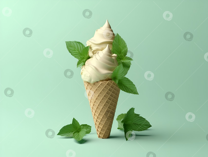 Скачать Один рожок мятного или базиликового мороженого с листьями мяты вокруг. Домашнее зеленое мороженое с базиликом и мятой на светло-зеленом фоне. Летние десерты. Веганская еда. Пространство для копирования вида сверху. Порождающий искусственный интеллект фотосток Ozero