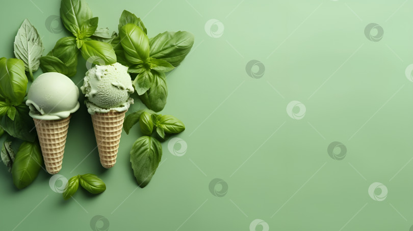 Скачать Два рожка базиликового мороженого с листьями базилика вокруг. Домашнее зеленое мороженое с базиликом и мятой на светло-зеленом фоне. Летние десерты. Веганская еда. Пространство для копирования вида сверху. Порождающий искусственный интеллект фотосток Ozero