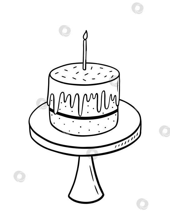 Скачать Праздничный торт со свечой на подставке, выделенной на белом фоне. Векторная рисованная иллюстрация в стиле каракулей. Идеально подходит для открыток, логотипов, приглашений, украшений, оформления дня рождения. фотосток Ozero