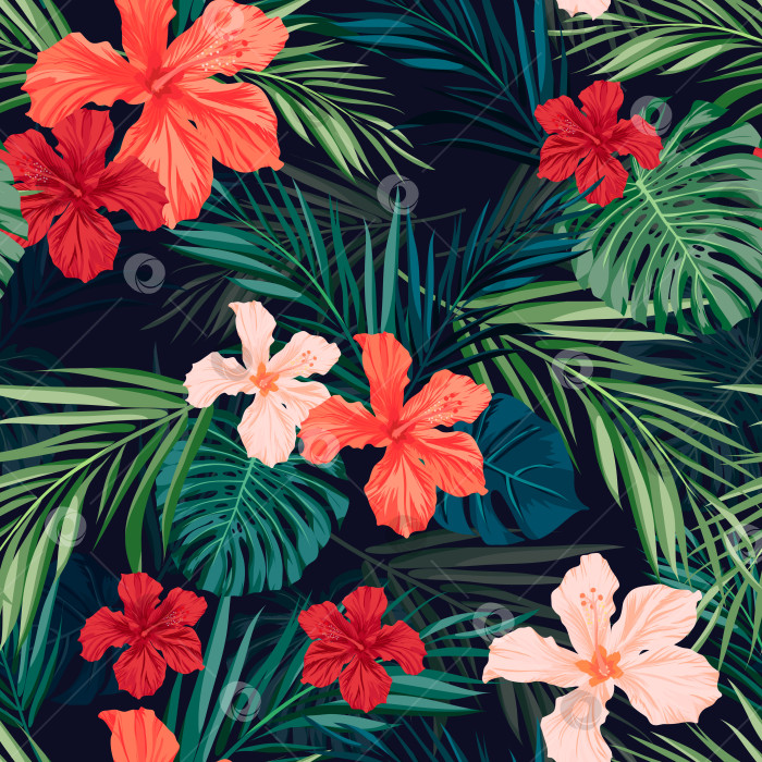 Скачать Яркий красочный тропический бесшовный фон с листьями и цветами фотосток Ozero
