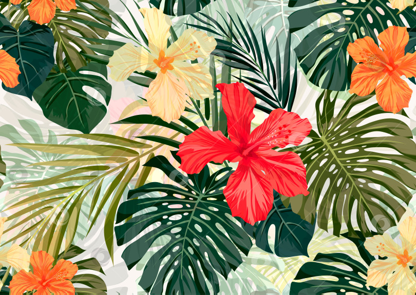 Скачать Яркий красочный тропический бесшовный фон с листьями и цветами фотосток Ozero
