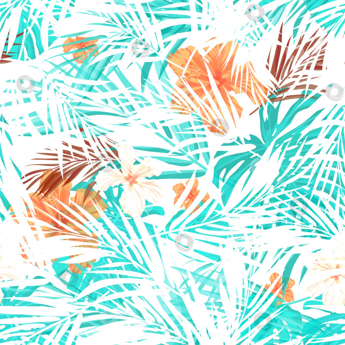 Скачать Яркий бесшовный летний тропический узор с листьями пальмы и цветами гибискуса фотосток Ozero