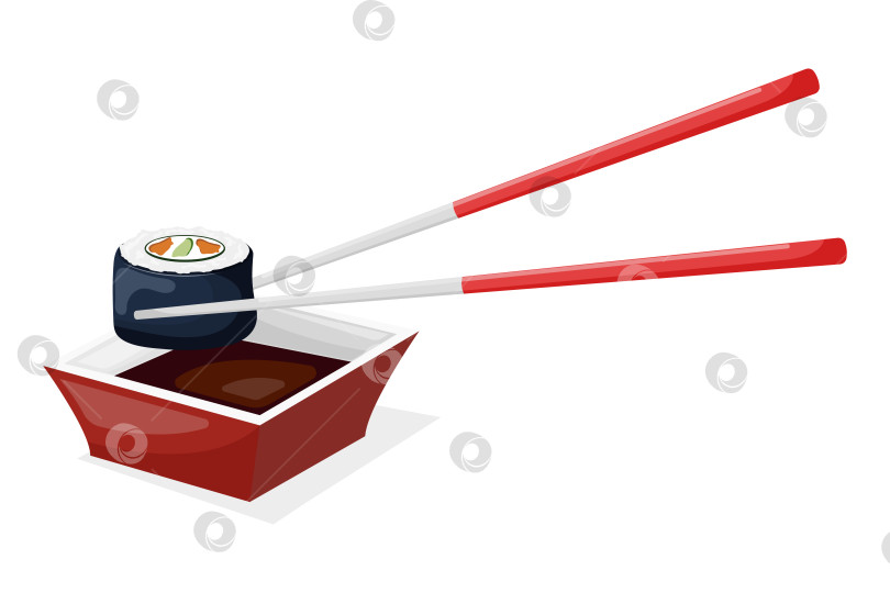Скачать Векторная плоская мультяшная иллюстрация суши и миски для соуса. фотосток Ozero