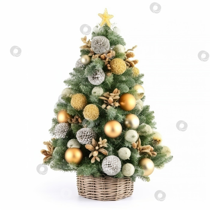 Скачать Рождественская елка в плетеной корзине, изолированная на белом фоне. Генеративный искусственный интеллект. фотосток Ozero