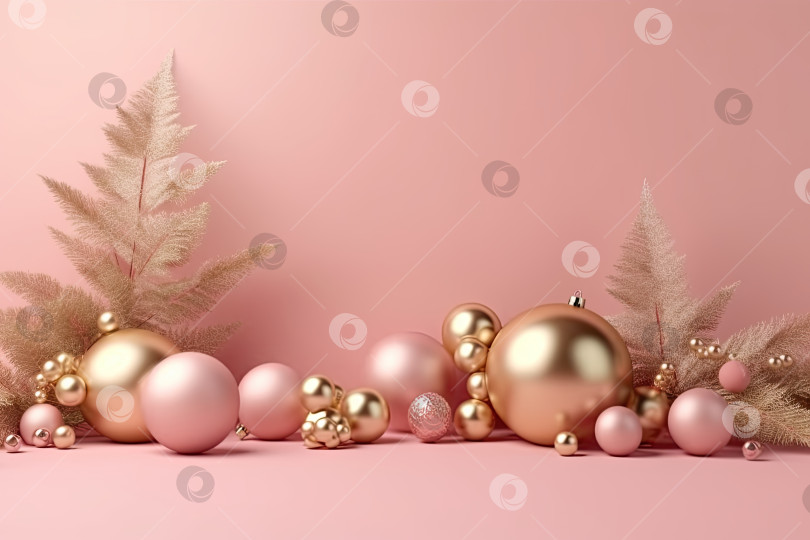 Скачать Рождественская поздравительная открытка с розовыми и золотистыми стеклянными шарами на розовом фоне. Генеративный искусственный интеллект. фотосток Ozero