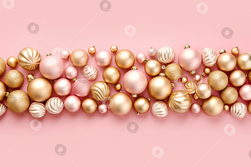 Скачать Рождественская поздравительная открытка с розовыми и золотистыми стеклянными шариками на розовом фоне. Генеративный искусственный интеллект. фотосток Ozero