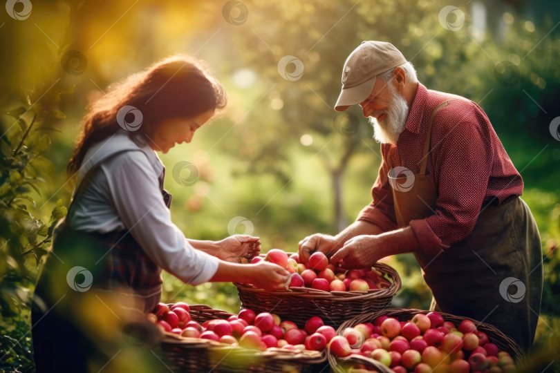 Скачать Семейная пара местных фермеров собирает урожай осенних яблонь в саду фотосток Ozero