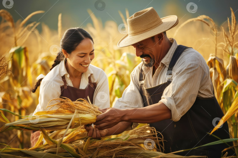 Скачать Латиноамериканские фермеры собирают урожай на кукурузном поле фотосток Ozero
