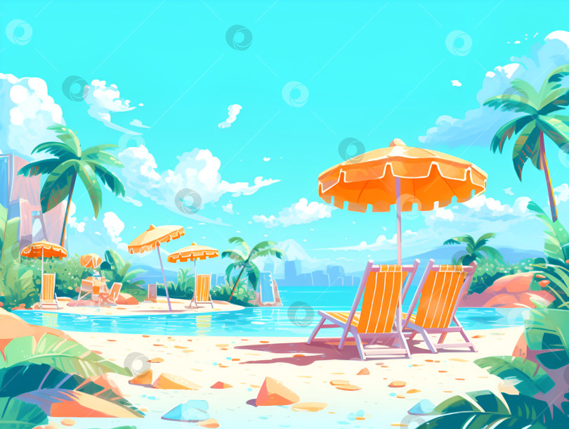 Скачать Шезлонг с зонтиком от солнца на тропическом пляже. Шезлонги и зонтик на песчаном пляже рядом с морем или океаном. Концепция летнего отдыха, каникул и путешествий. Порождающий искусственный интеллект фотосток Ozero