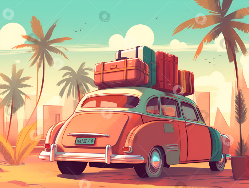 Скачать Забавный ретро-автомобиль с чемоданами и пальмами. Необычная иллюстрация летнего путешествия. Концепция летнего отдыха. Порождающий искусственный интеллект фотосток Ozero