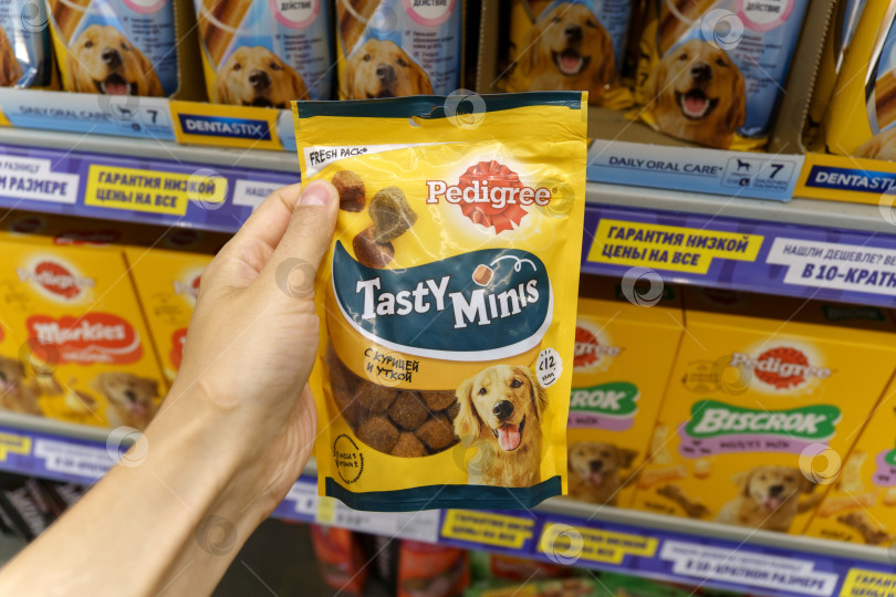 Скачать Тюмень, Россия - 30 июня 2022 г.: Корм для собак Pedigree Tasty Minis Petfoods селективной направленности. Покупка товаров в супермаркете фотосток Ozero