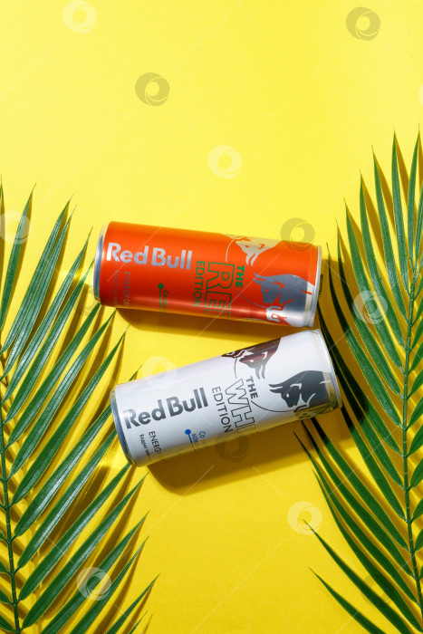 Скачать Тюмень, Россия - 27 сентября 2022 года: Red Bull red edition и white edition - энергетический напиток, продаваемый австрийской компанией Red Bull GmbH. Лежал плашмя. Вертикальная фотография фотосток Ozero