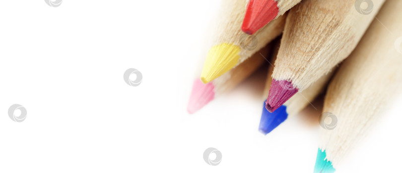 Скачать Разноцветные карандаши крупным планом, выделенные макросъемкой на белом фоне. Пространство для копирования. Избирательный фокус фотосток Ozero