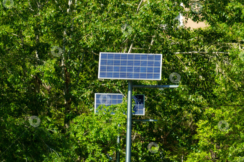 Скачать Солнечная панель на фоне зеленых деревьев. На столбе на улице. Разработка концепции использования возобновляемых источников энергии. Избирательный фокус фотосток Ozero
