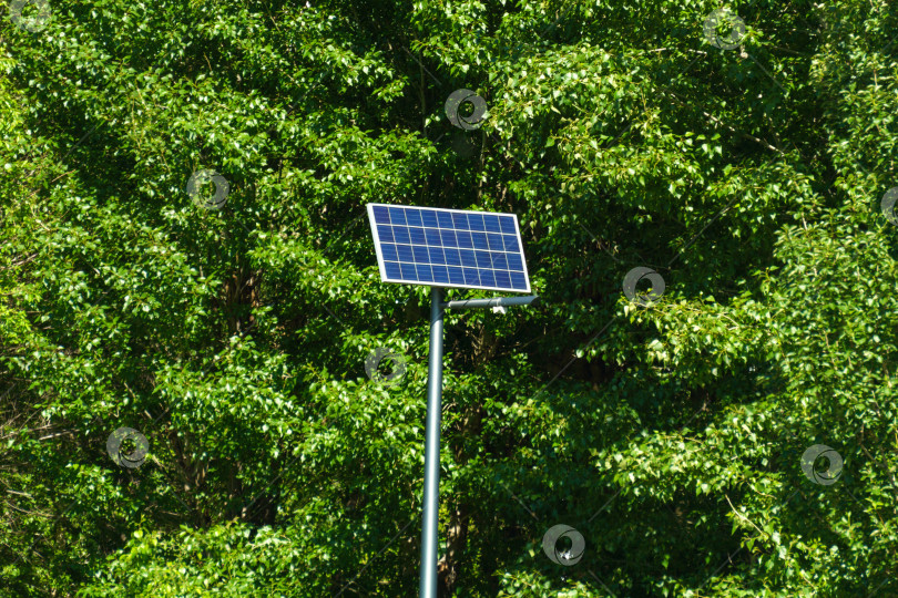 Скачать Солнечная панель на фоне зеленых деревьев. Экологическая энергия возобновляемых солнечных панелей. Избирательный фокус фотосток Ozero