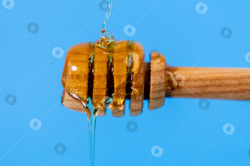 Скачать С деревянной ложки на голубом фоне капает мед. Пространство для копирования фотосток Ozero