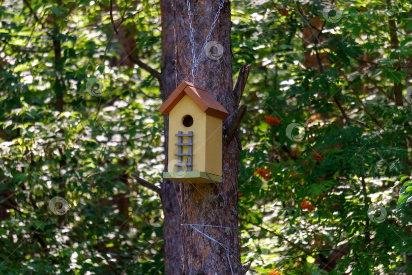 Скачать Деревянный птичий домик на дереве в парковой зоне фермы. Приют для разведения птиц. Избирательный фокус фотосток Ozero