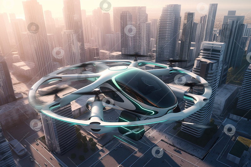 Скачать Автономный беспилотный летательный аппарат будущего летает в современном городе. Генеративный искусственный интеллект. фотосток Ozero