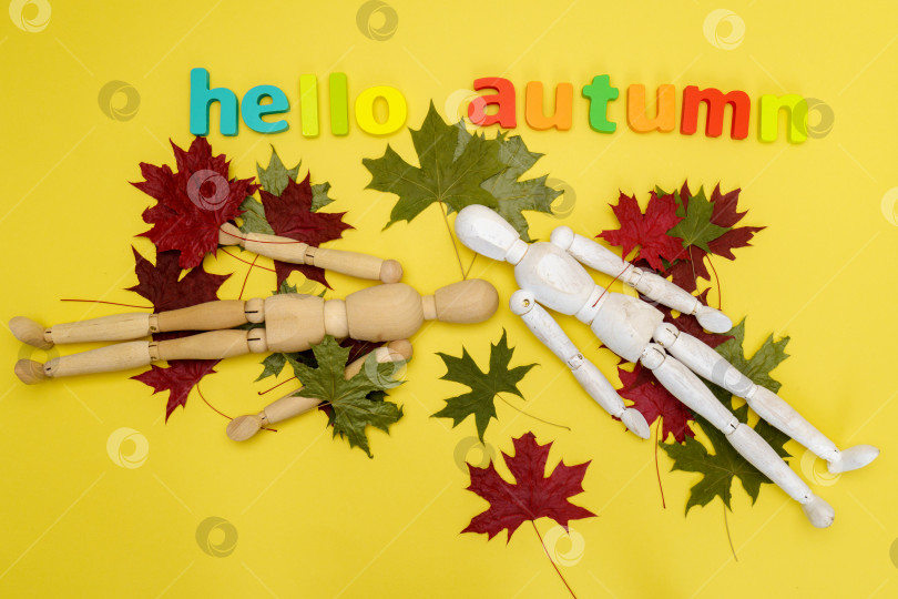 Скачать Привет, осенняя композиция, осенние листья на желтом фоне. Концепция Welcome Autumn с видом сверху на плоскую поверхность. фотосток Ozero