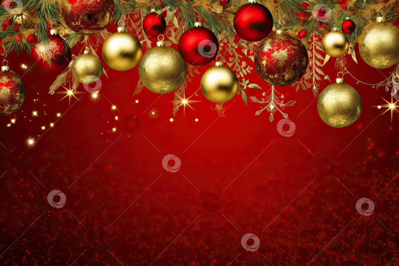 Скачать Рождественская рамка с красными и золотыми шарами на красном фоне. Рождественская поздравительная открытка. Генеративный искусственный интеллект. фотосток Ozero