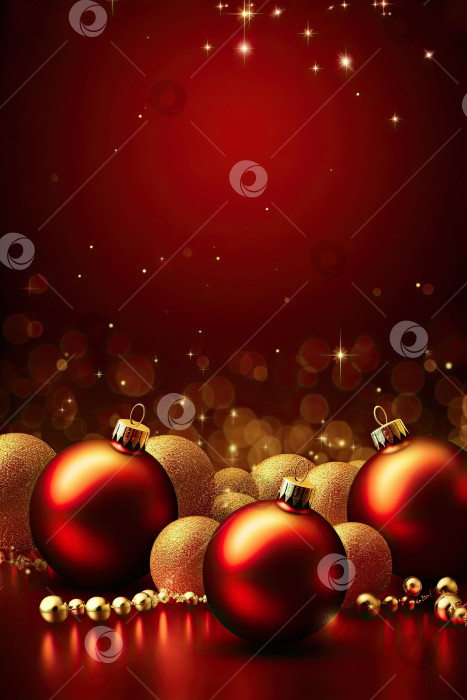 Скачать Рождественский баннер с красными и золотыми шарами на красном фоне. Рождественская поздравительная открытка. Генеративный искусственный интеллект. фотосток Ozero