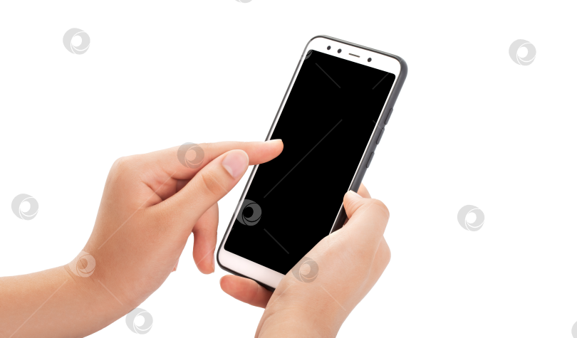 Скачать женские руки держат смартфон (телефонную трубку), выделяющийся на белом фоне фотосток Ozero