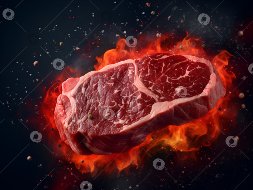 Скачать Креативная иллюстрация антрекота из сырого свежего мяса Рибай стейк из мяса Блэк Ангус Прайм. Сырое мясо, летящее в огне в космосе, стейк, парящий в огне на темном фоне. Порождающий искусственный интеллект фотосток Ozero