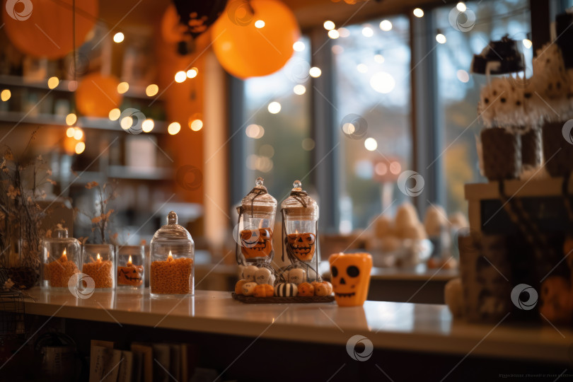 Скачать Оформление Хэллоуина в интерьере местного уютного кафе фотосток Ozero