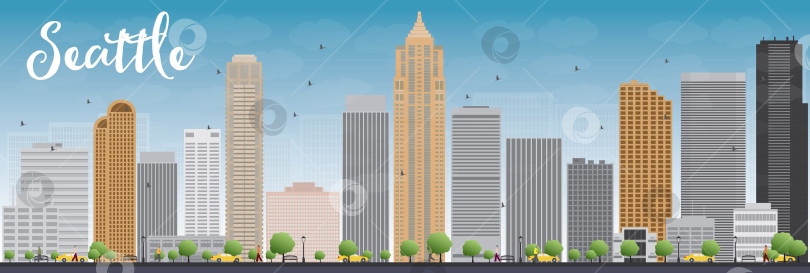 Скачать Городской пейзаж Сиэтла с серыми зданиями и голубым небом фотосток Ozero