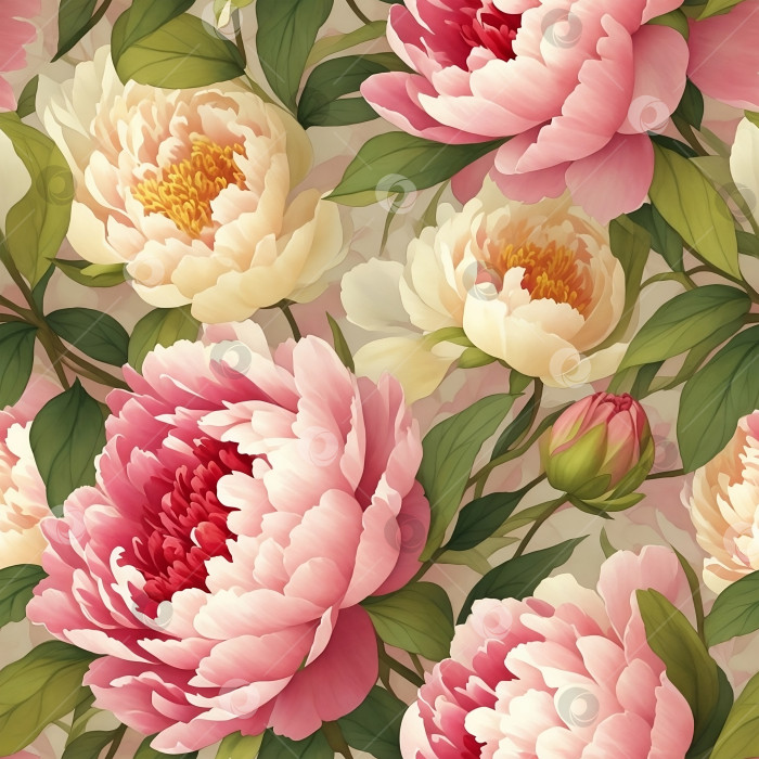 Скачать Акварельный цветочный бесшовный узор с кремово-белыми и розовыми пионами с зелеными листьями. Созданный искусственным интеллектом фотосток Ozero