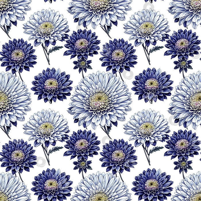 Скачать Цветочный бесшовный узор с белыми и голубыми цветами хризантем на белом фоне, сгенерированный искусственным интеллектом фотосток Ozero