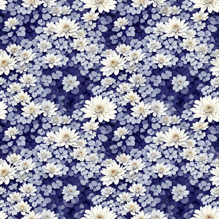 Скачать Цветочный бесшовный узор с белыми маленькими цветами и листьями хризантем на синем фоне, сгенерированный искусственным интеллектом фотосток Ozero