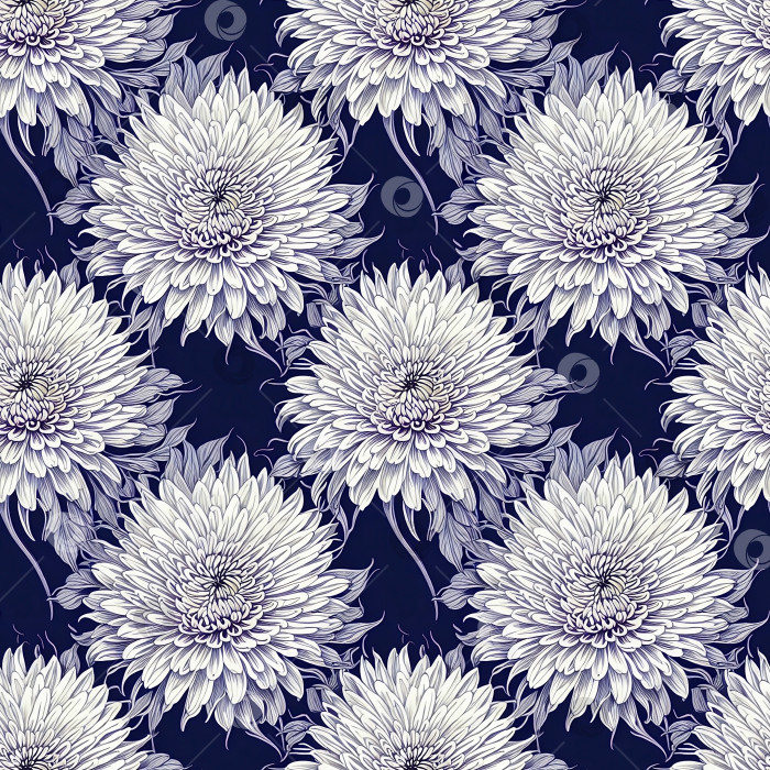 Скачать Цветочный бесшовный узор с белыми цветами хризантем на темно-синем фоне, сгенерированный искусственным интеллектом фотосток Ozero