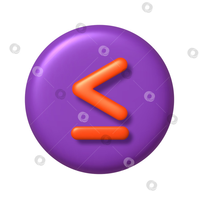 Скачать Математический 3D-значок. Оранжевый арифметический знак меньше или равно на фиолетовой круглой кнопке. реалистичный элемент 3d-дизайна. фотосток Ozero