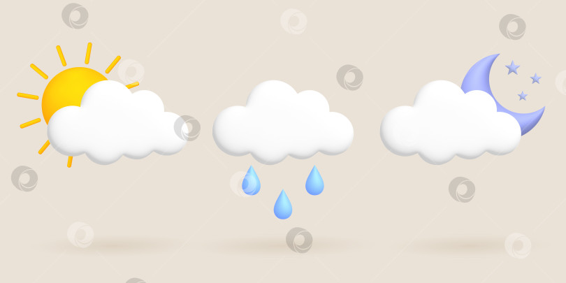 Скачать Набор симпатичных 3d-мультяшных значков погоды. Солнце, луна, облако, дождь, дождевик фотосток Ozero